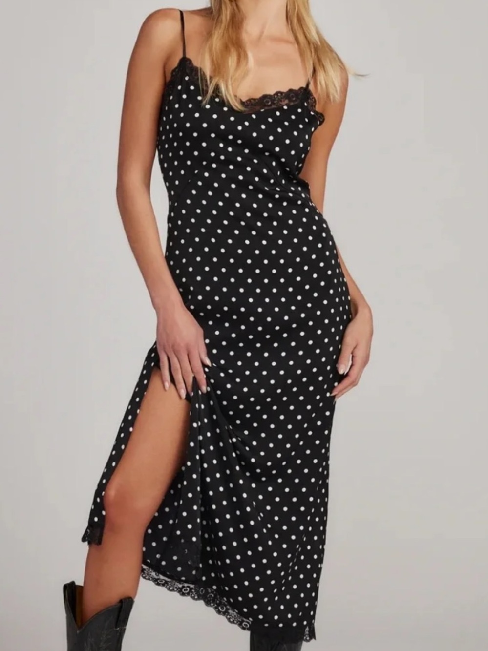 12th Tribe Black & White Polka Dot Lace-Trim Slip Midi Dress